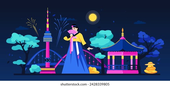 Unforgettable festival in South Korea - modern colored vector illustration with night fireworks, girl in hanbok with a fan, skirt, belt and jacket, Seoul TV Tower, wooden gazebo and Bridge in Daejeon