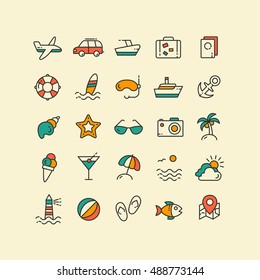 Unforgettable holiday on the sea beach. Set of vector line icons