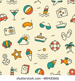 Unforgettable holiday on the sea beach. Vector seamless pattern with line icons