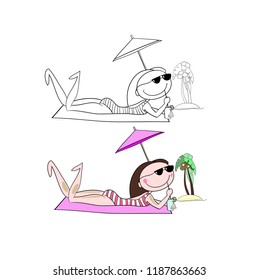Unforgettable tropical vacation, a girl on the beach, a set of cartoon characters, color image in vector