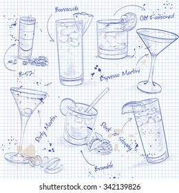 The Unforgettables Cocktail Set on a notebook page, excellent vector illustration, EPS 10