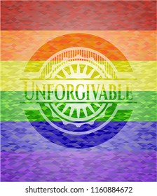 Unforgivable emblem on mosaic background with the colors of the LGBT flag