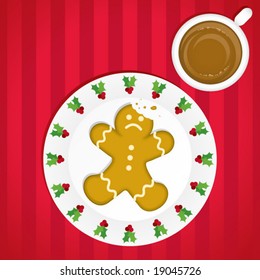 A unfortunate (and delicious) gingerbread man on a festive Christmas plate next to a steaming cup of cocoa, all laid out on a sateen-striped tablecloth