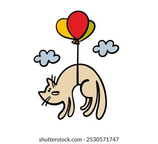 Unfortunate animal was tied to a balloon. Vector illustration of a cat flying in the sky and looking down sadly. Victim of bullies at a party. Funny kitten isolated on white background. 