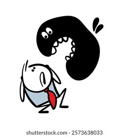 Unfortunate businessman is suffering from financial difficulties. Vector illustration of funny monster attacking a human and creating problems. Black depression and poverty. 