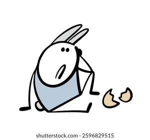 Unfortunate Easter bunny found an egg and dropped it. Vector illustration of a man in a fancy dress smashing the symbol of the holiday, sitting, suffering. Funny doodle cartoon.