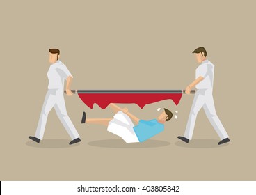 Unfortunate man falls through a broken stretcher carried by two paramedic. Vector cartoon illustration on unfortunate emergency medical services disaster isolated on plain background.