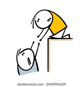 The unfortunate man fell into a pit, stretches out his arms, asks for help. Vector illustration of a stickman on a cliff looking down trying to pull out  friend. Isolated drawings on white background.