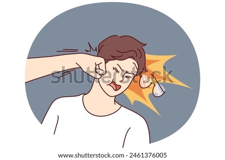 Unfortunate man gets punched in face and feels pain and resentment due to sudden aggression of opponent or unfair battle. Guy receives facial injury after being beaten by aggressive abuser