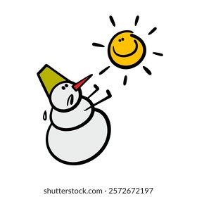 Unfortunate snowman is suffering from the hot rays of the spring sun. Vector illustration of good weather, snow melting, winter thaw. Doodle character isolated on white background.