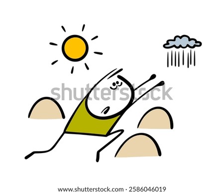 Unfortunate stickman dying of thirst, stretching hands to the sky, to ain cloud in distance. Vector illustration of a man in the desert among the sand, the hot sun and the mirage of water.