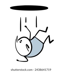 Unfortunate stickman falls out of  black hole in ceiling. Vector illustration of boy flying down. Cartoon sudden obstacle in the way. Unexpected problem. Isolated problem person on white background.