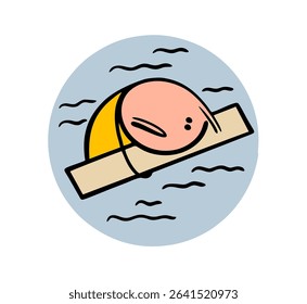 Unfortunate stickman is floating alone in the sea on a board. Vector illustration of a shipwreck victim in the open ocean. Unhappy wet cartoon man without strength and hope is waiting for help.