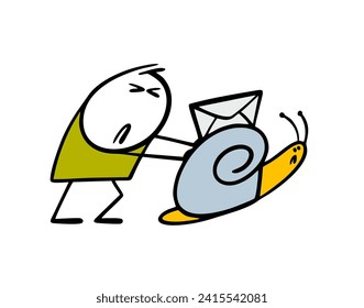 Unfortunate stickman pushes a slow insect. Vector illustration of  snail crawling, carrying envelope paper letter. Delivery service or postal services. Isolated cartoon characters on white background.