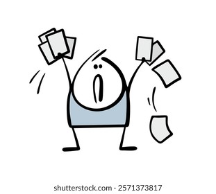 Unfortunate stickman raised his hands up and scattered many documents. Vector illustration of  man and a lot of paper, couldn't do the job, tired. Employee in the company. Isolated character.