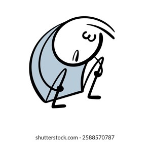 Unfortunate stickman is sitting on the ground and suffering. Vector illustration of a man lost. A homeless and unemployed guy in trouble. Isolated funny character on white background.