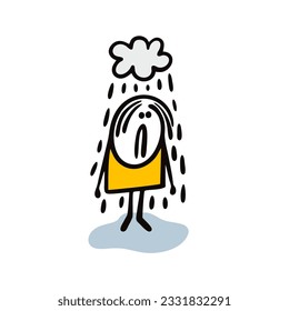 Unfortunate stickman stands wet under the raindrops. Vector illustration of  sad guy and bad cloudly rainy weather. Doodle cartoon stick man character isolated on white background. 