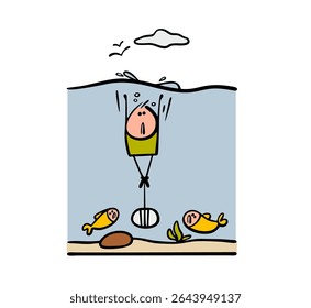 O infeliz stickman com uma pedra amarrada aos pés caiu na água. Ilustração vetorial de um homem descendo. É necessária ajuda psicológica. Os peixes do mar olham para a vítima.