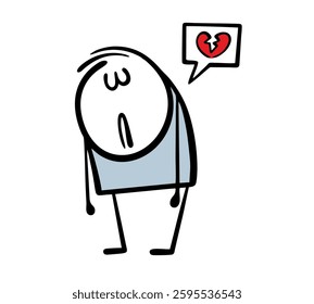 Unfortunate stickman suffers from unrequited love. Vector illustration of a girl breaking the heart of a guy in love. Isolated cartoon man on white background.