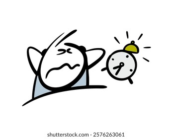 Unfortunate teenager has closed his ears, the alarm clock is beeping loudly. Vector illustration  disgruntled man has woken up, he needs to get up for work. Good morning.