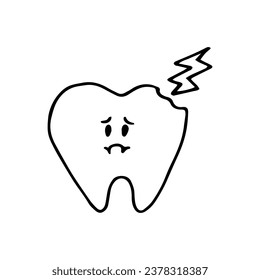 Unfortunate tooth in doodle style. Vector illustration on the topic of brushing teeth isolated on white background