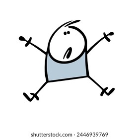 Unfortunate upset stickman is shackled to the wall. Vector illustration of  victim with limited freedom of movement. Cartoon man is suffering. Isolated doodle character on white background.