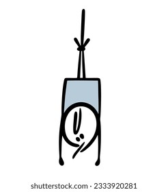 Unfortunate victim of the bandits has fallen into a trap and is hanging upside down, suffering tied with a rope by his legs. Vector illustration of a cartoon man in an uncomfortable pose. 