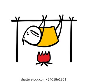 Unfortunate victim of the ogre is hanging tied up on a bonfire. Vector illustration of fried meat. The stickman is on fire. Isolated cartoon character in trouble on white background.