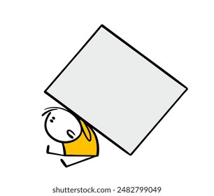 Unfortunate victim  sitting on the ground. Huge block crushed the man. Vector illustration of   load of psychological problems, you need the help of a psychologist. Doodle character isolated on white.