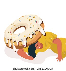 An unfortunate woman bends under the weight of a large donut,trying to get up, a metaphor for sugar addiction. Flat vector illustration, hand drawn.