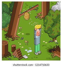 Unfortunate yelling man stealing honeycombs from a beehive in a forest (vector, isometric)