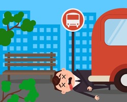 Unfortunately Businessman Office Worker Character Hit By Bus. Vector Flat Cartoon Illustration