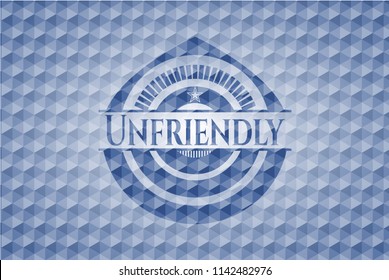 Unfriendly blue emblem with geometric background.