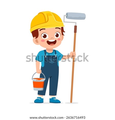 ung Boy with Construction Helmet Holding Paint Roller and Bucket, Ready to Paint