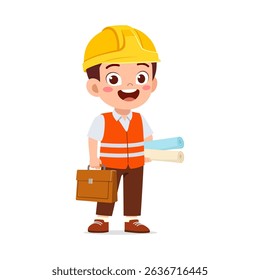 ung boy in construction vest and hardhat holding briefcase and blueprint