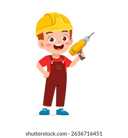 ung Boy Wearing Hard Hat Holding Electric Drill Cartoon Illustration