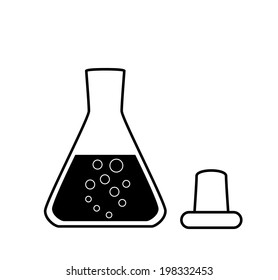 Ungraduated Erlenmeyer flask with a solution, laboratory equipment, 2D illustration, isolated on white, black and white, vector, eps 8