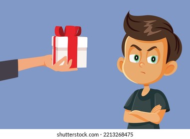 
Ungrateful Boy Refusing a Gift Vector Cartoon Illustration. Parent rewarding negative bad behavior 
