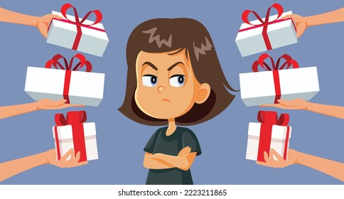 
Ungrateful Girl Not liking her Presents Vector Cartoon Illustration. Entitled demanding little child disappointed in all the gifts she got
