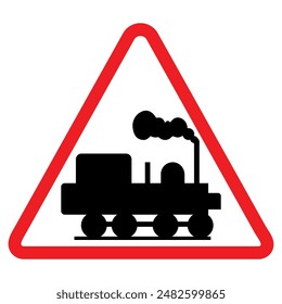 Warnschild für unbewachte Bahnübergänge, rotes Dreieck, schwarzer Pfeil, Verkehrssymbol, Warnschild.