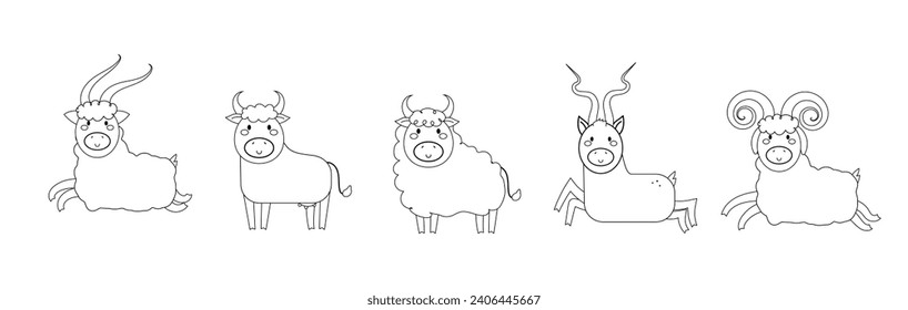 ungulate herbivores animals cartoon flat line for coloring page vector set