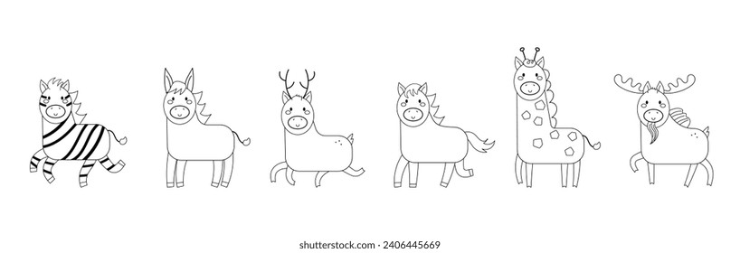 ungulate herbivores animals cartoon flat line for coloring page vector set