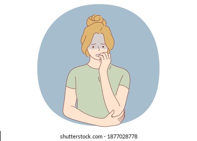 Unhappiness, Grief, Depression concept. Young unhappy female cartoon character standing, biting nails and feeling depressed with something vector illustration