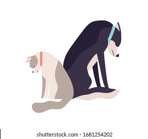 Unhappy Abandoned Cat And Dog Sitting Together Having Sadness Vector Flat Illustration. Depressed Sad Domestic Animal Feeling Loneliness Isolated On White. Two Colorful Upset Homeless Pet