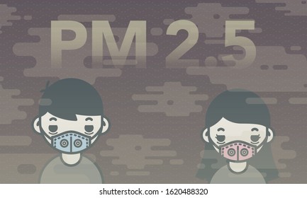 Unhappy Adult Male and Female Wearing N95 Mask for Protect PM 2.5 - Vector Illustration