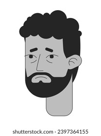 Unhappy african american man black and white 2D vector avatar illustration. Headache unwell black bearded male outline cartoon character face isolated. Painful expression flat user profile image