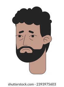 Unhappy african american man suffer 2D linear vector avatar illustration. Headache unwell black bearded male outline cartoon character face. Painful expression flat color user profile image isolated