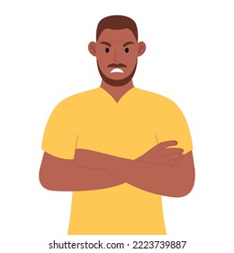 Unhappy african man in yellow t-shirt with crossed arms. Anger. Vector illustration.