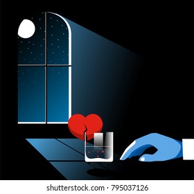 Unhappy alone man drinking whiskey. Broken heart concept illustration. Vector