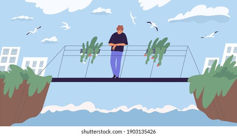 Unhappy alone young man standing on bridge between river banks in city park. Sad thoughtful guy thinking about problems and difficulties in solitude. Colorful flat vector illustration